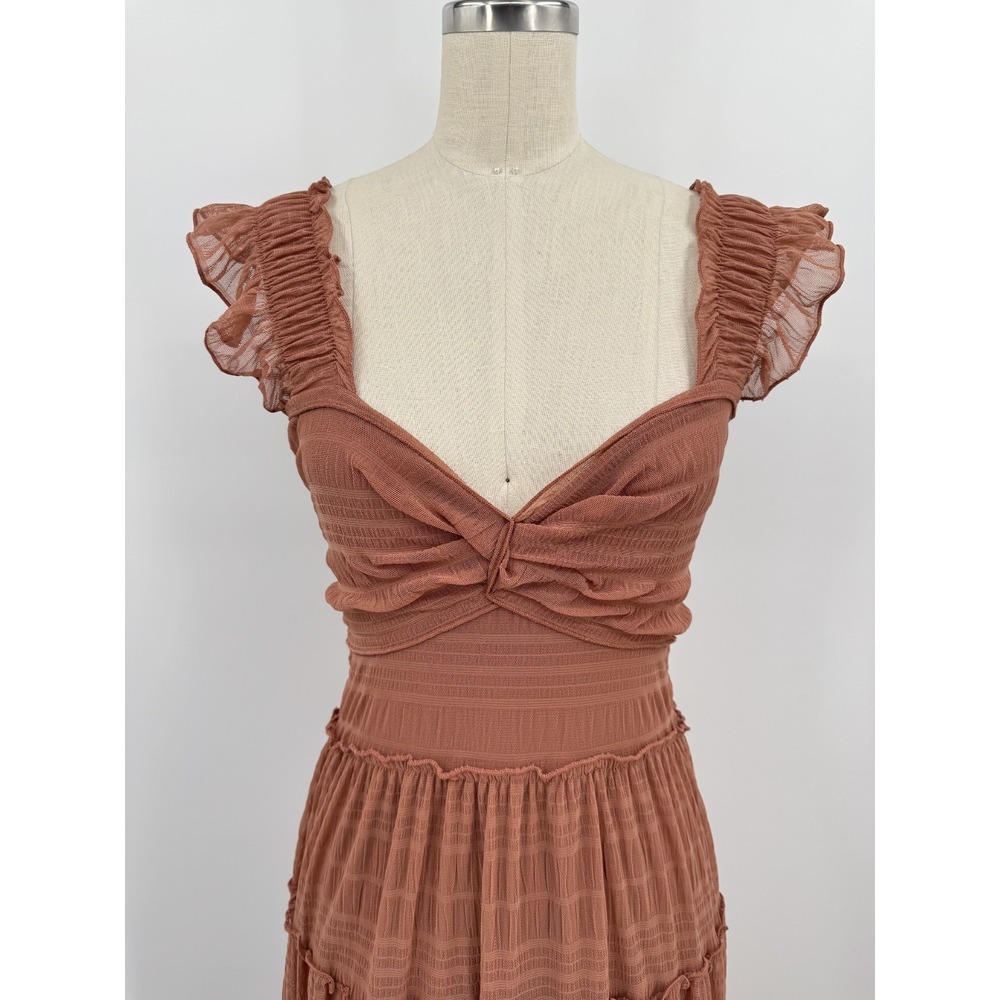 Max Studio London Tiered Midi Dress Ruffle Strap Ruched Bust Brown Women's L NWT - Picture 4 of 12